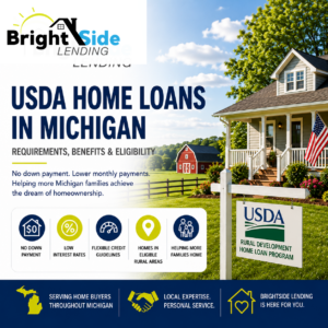 USDA Home Loans in Michigan showing zero down payment financing for eligible rural and suburban homebuyers through BrightSide Lending.