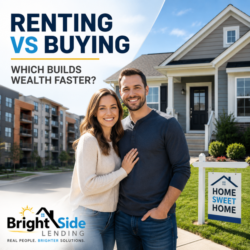 Renting vs buying a home in Michigan with a first-time homebuyer standing in front of a house comparing the benefits of homeownership.