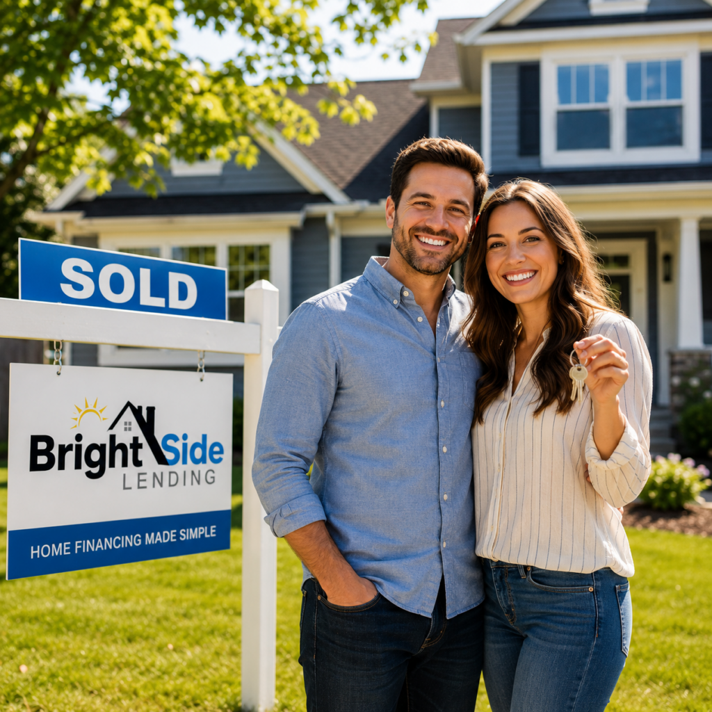 Michigan homebuyers standing in front of their newly purchased home after securing a mortgage through BrightSide Lending