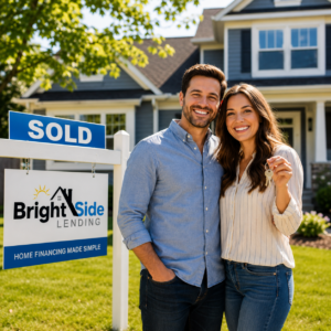 Michigan homebuyers standing in front of their newly purchased home after securing a mortgage through BrightSide Lending