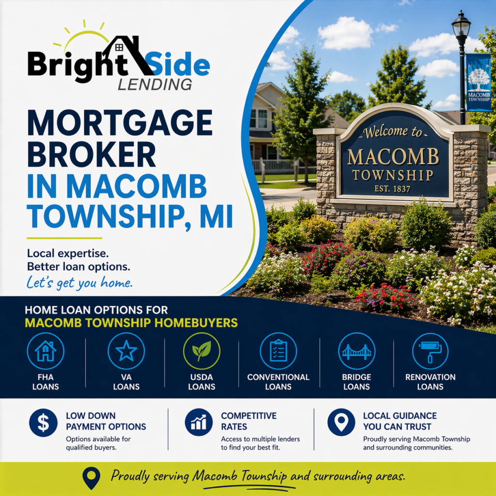 Mortgage broker in Macomb Township MI offering FHA, VA, USDA, bridge, and renovation loan options