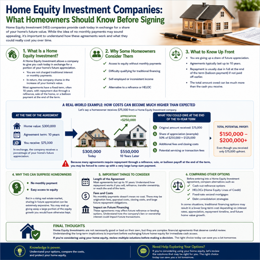 home equity investment companies infographic explaining balloon payments appreciation sharing and long term homeowner costs