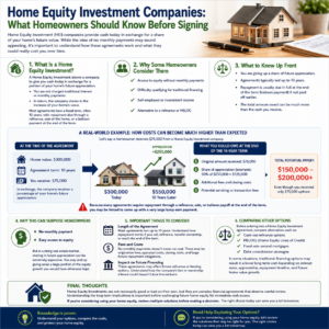 home equity investment companies infographic explaining balloon payments appreciation sharing and long term homeowner costs