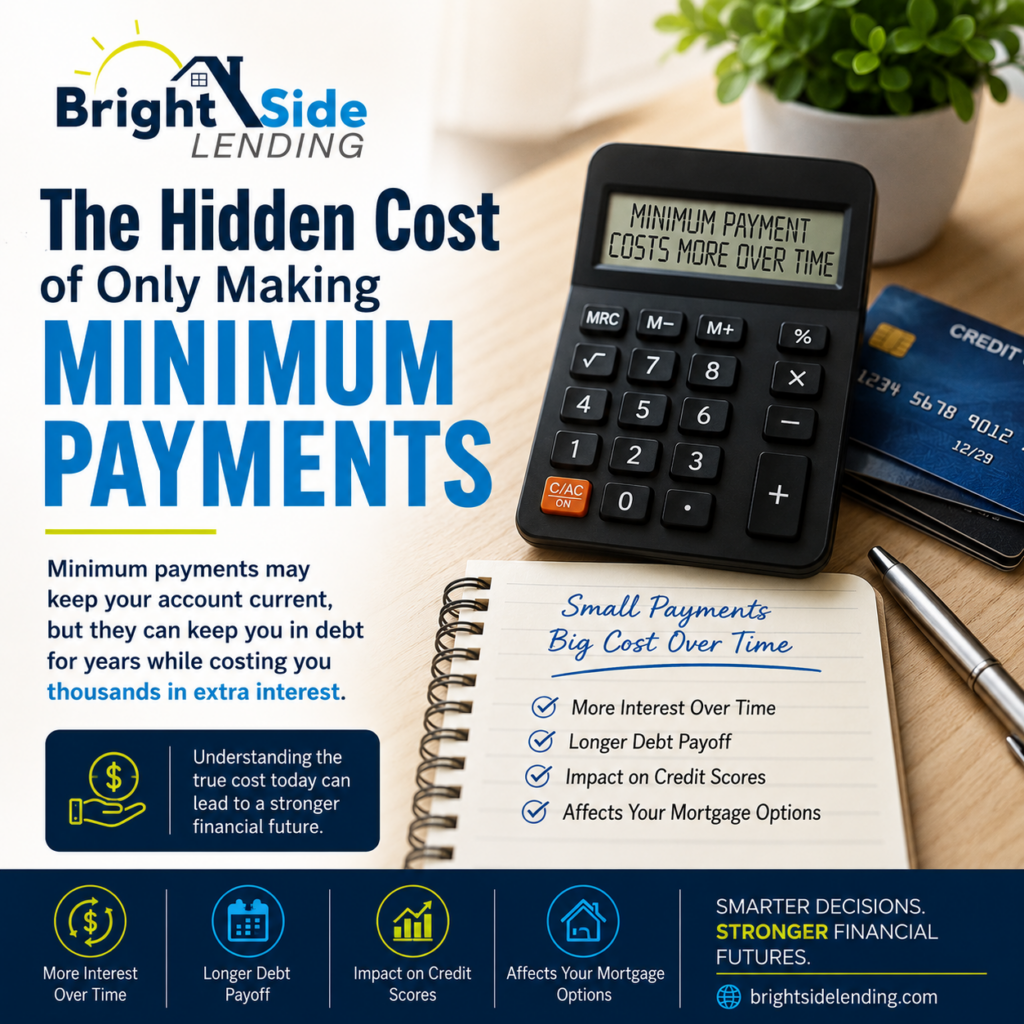 minimum credit card payment infographic from BrightSide Lending explaining how minimum payments increase long term interest costs and impact financial health