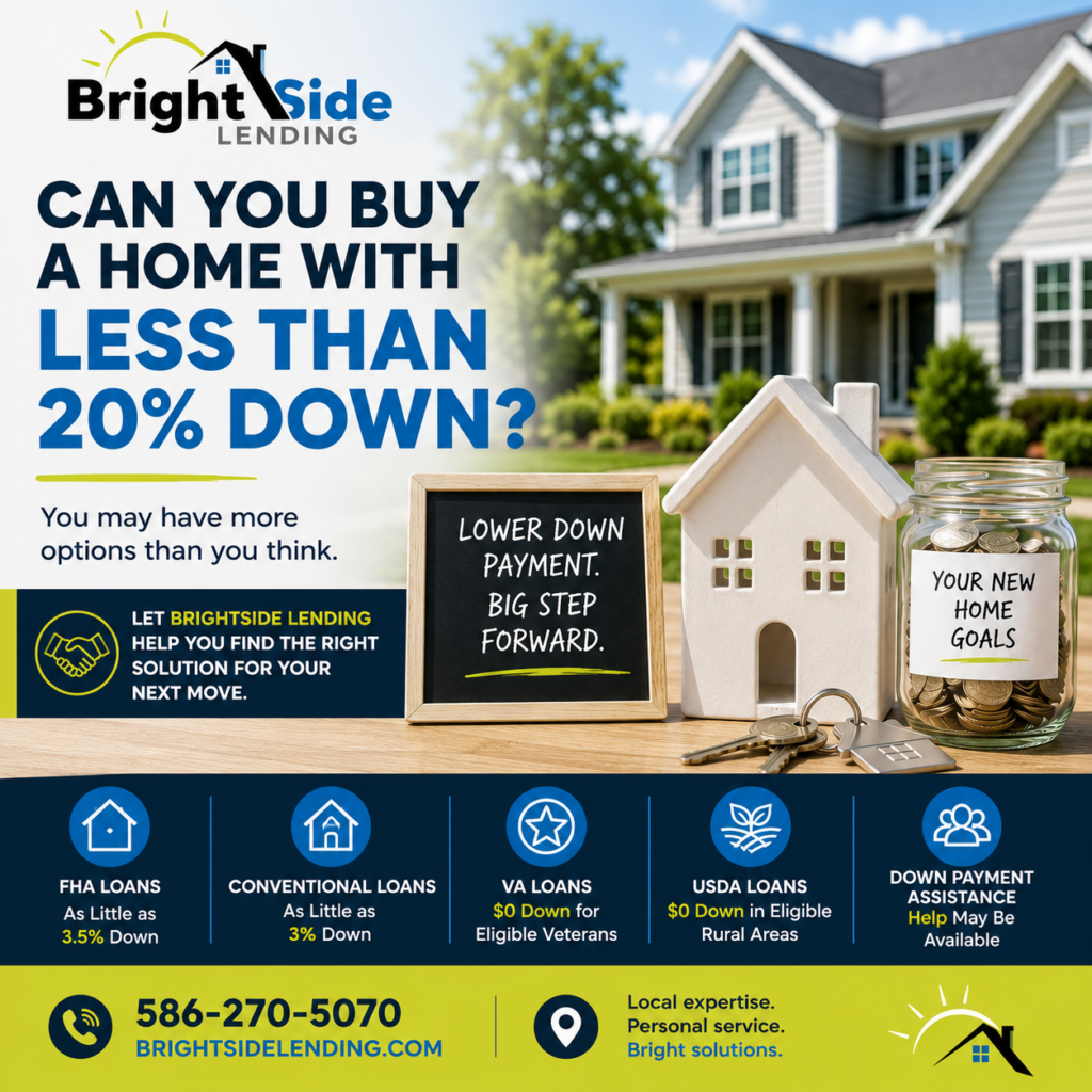 Can you buy a home with less than 20% down payment? BrightSide Lending explains FHA, Conventional, VA, USDA, and down payment assistance options for homebuyers.