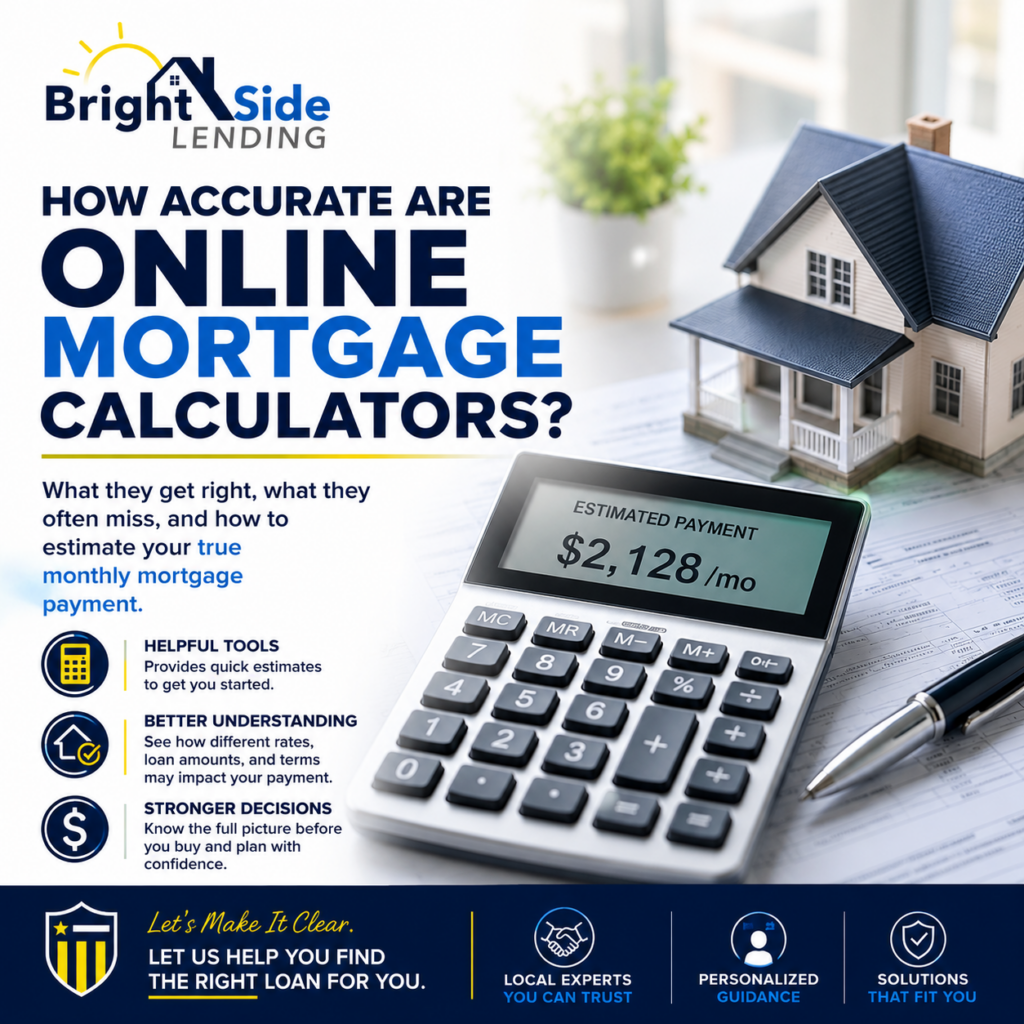 BrightSide Lending infographic explaining how accurate online mortgage calculators are, featuring a calculator, model home, estimated mortgage payment example, and educational tips for homebuyers.