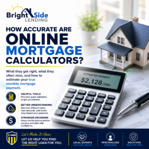 BrightSide Lending infographic explaining how accurate online mortgage calculators are, featuring a calculator, model home, estimated mortgage payment example, and educational tips for homebuyers.
