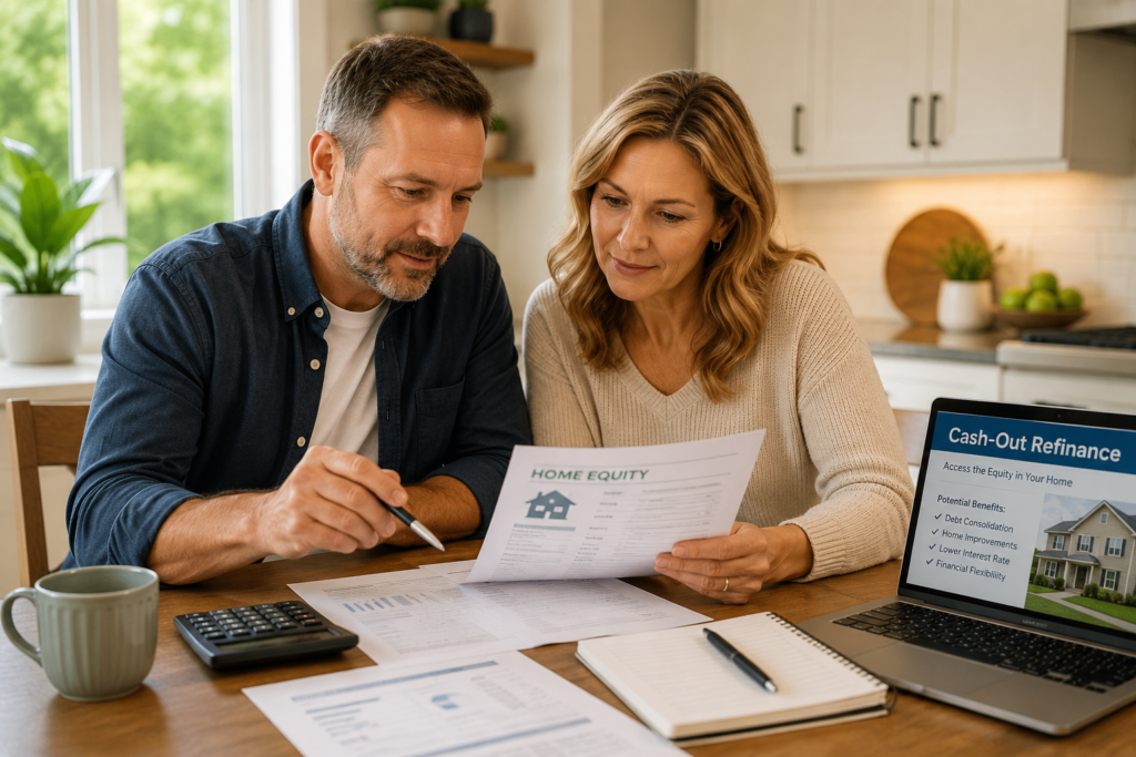 beautiful-house.jpg Michigan homeowners reviewing cash out refinance options and home equity documents at their kitchen table
