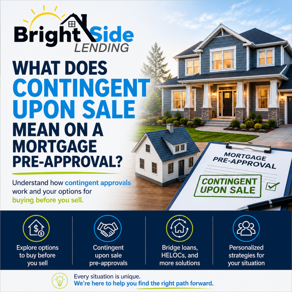 BrightSide Lending educational graphic explaining what a contingent upon sale mortgage pre-approval means. Features a home, mortgage pre-approval paperwork, and information about buying a new home before selling a current home using strategies such as contingent approvals, bridge loans, and HELOCs.