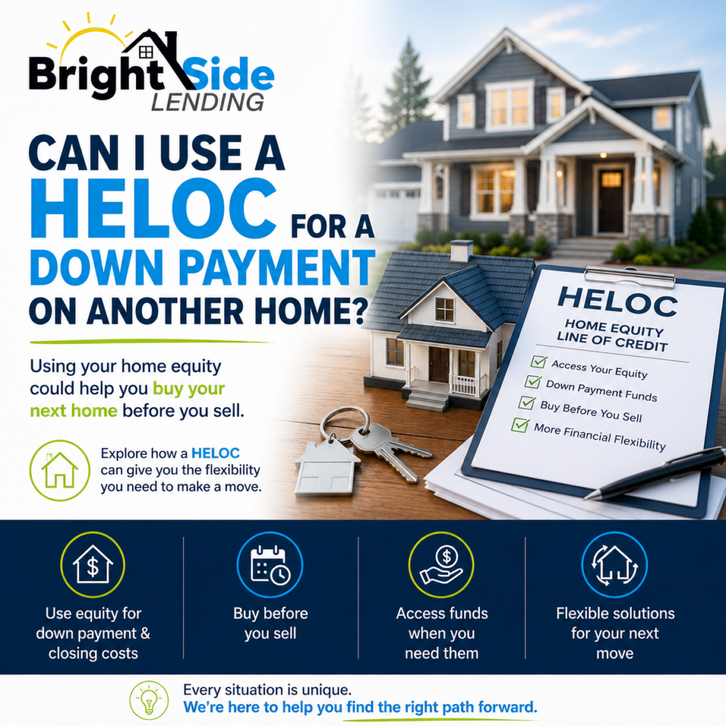 BrightSide Lending educational graphic explaining how homeowners may use a Home Equity Line of Credit (HELOC) for a down payment on another home. Features a residential home, house keys, HELOC paperwork, and information about buying before selling by leveraging home equity.