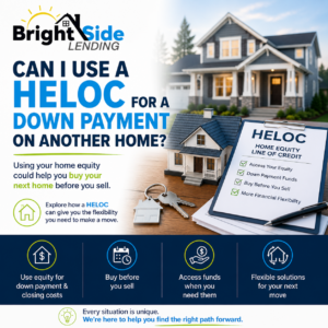 BrightSide Lending educational graphic explaining how homeowners may use a Home Equity Line of Credit (HELOC) for a down payment on another home. Features a residential home, house keys, HELOC paperwork, and information about buying before selling by leveraging home equity.