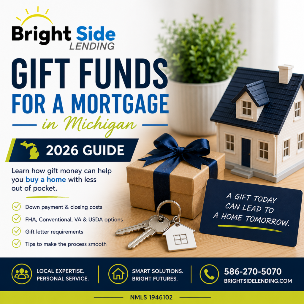BrightSide Lending graphic explaining how gift funds can be used for a mortgage in Michigan. Features a gift box, house model, keys, and information about down payments, closing costs, FHA, Conventional, VA, and USDA loans.