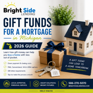 BrightSide Lending graphic explaining how gift funds can be used for a mortgage in Michigan. Features a gift box, house model, keys, and information about down payments, closing costs, FHA, Conventional, VA, and USDA loans.
