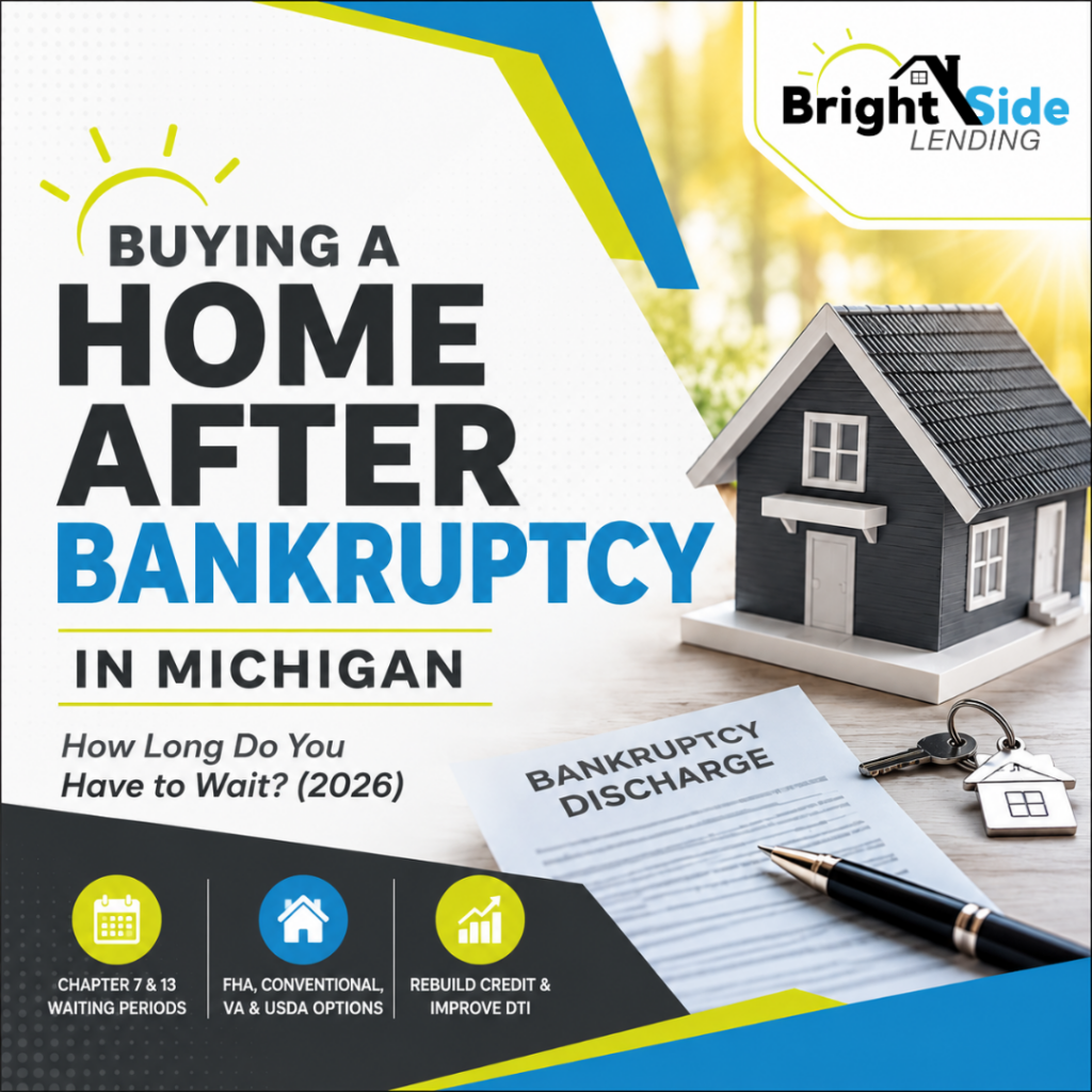Buying a home after bankruptcy in Michigan with house, keys and bankruptcy discharge documents