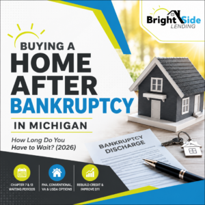Buying a home after bankruptcy in Michigan with house, keys and bankruptcy discharge documents