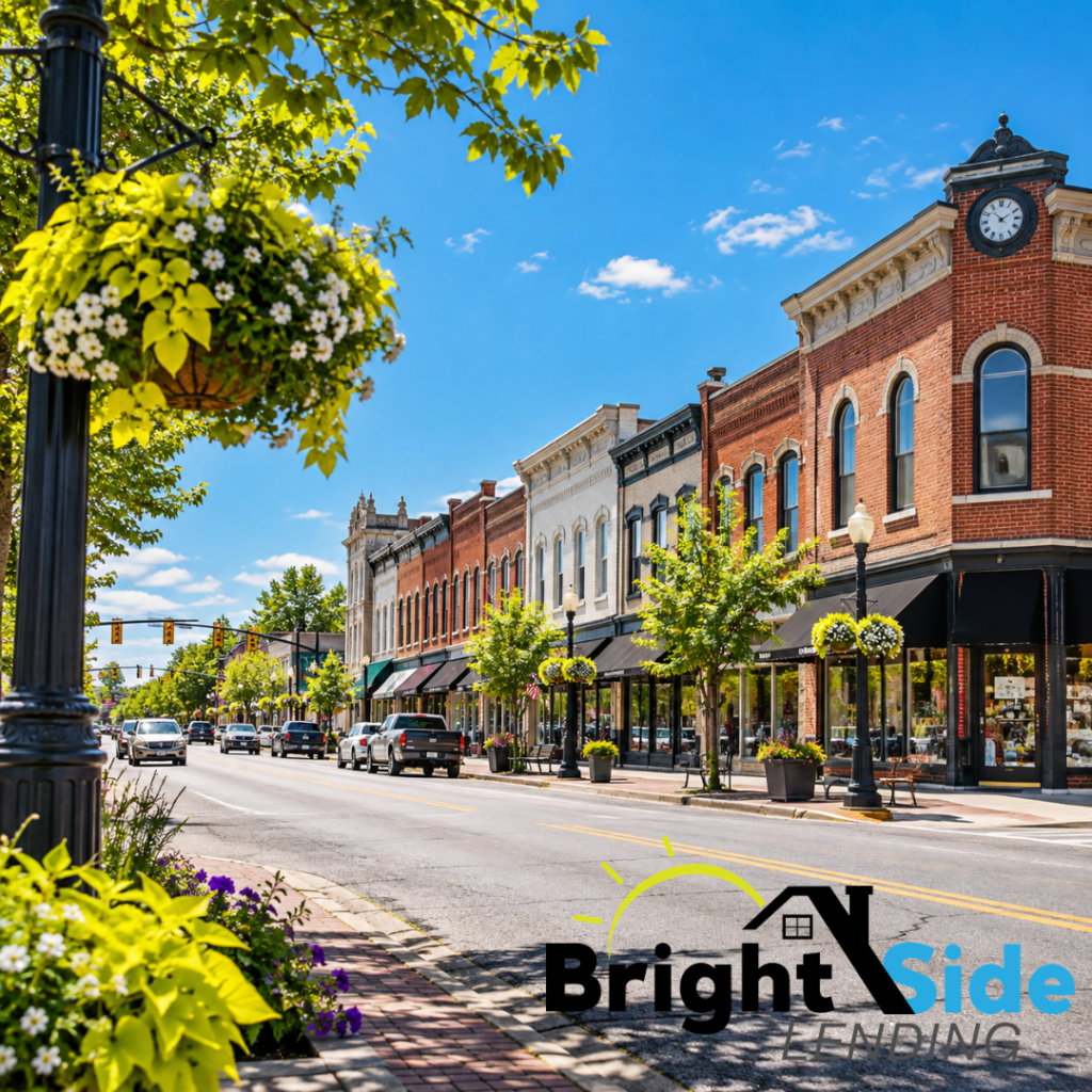 Historic downtown streetscape inspired by Almont, Michigan, representing local home buying and mortgage financing with BrightSide Lending.