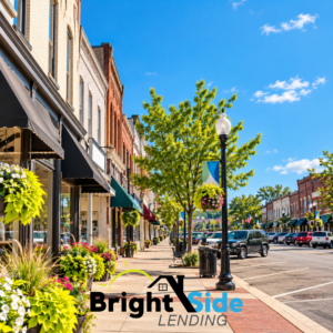Downtown streetscape inspired by Imlay City, Michigan, representing local home buying and mortgage financing with BrightSide Lending.